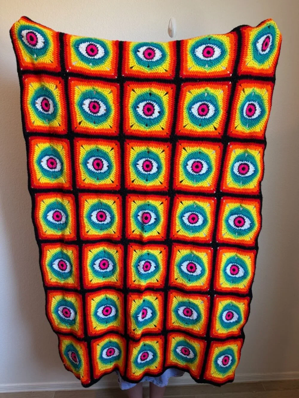 Handmade Neon Rainbow Evil Eye Granny Square Blanket 38x55
